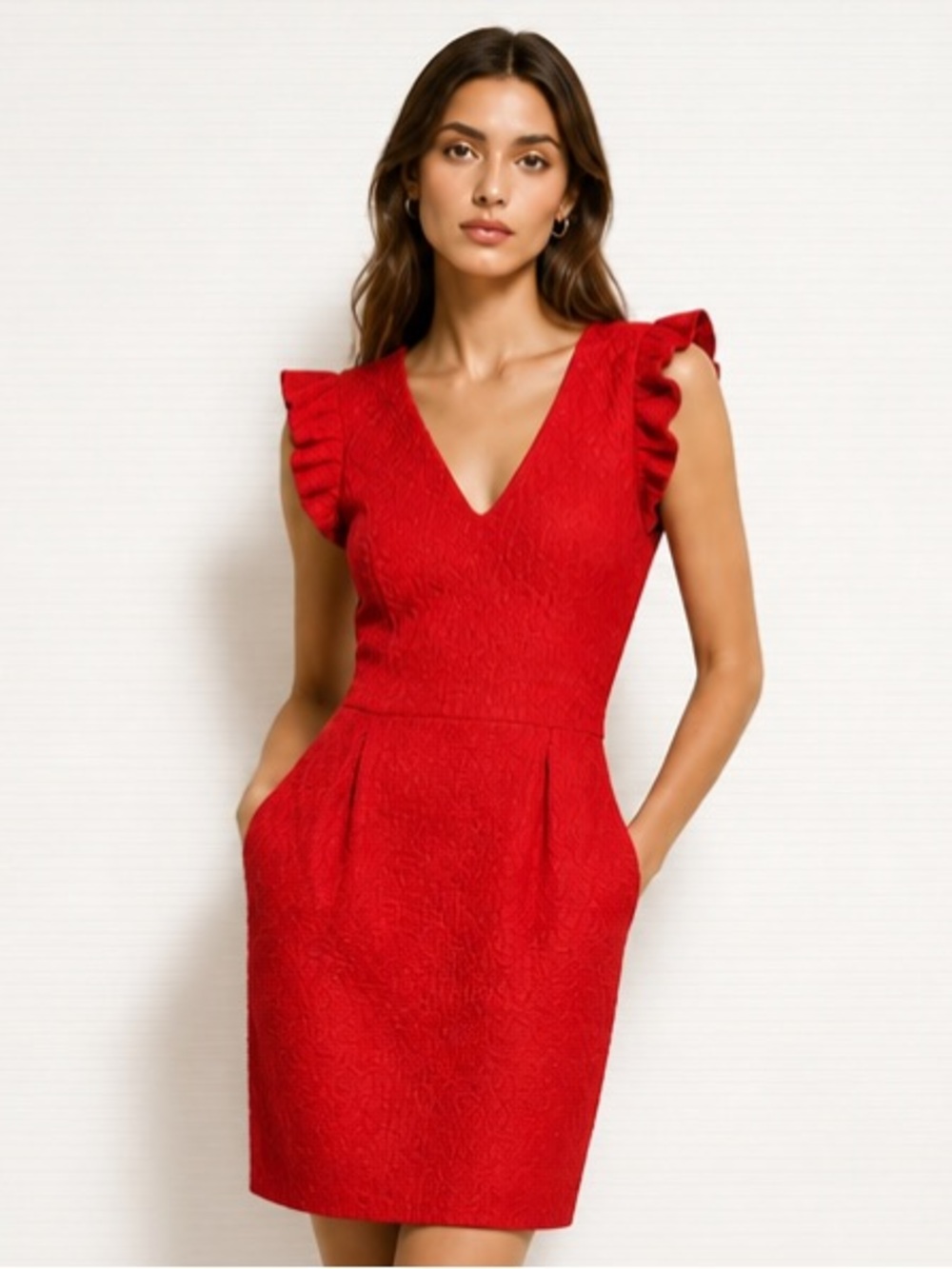 TABITHA Anthropologie Dress Red Flutter Cap Sleeves Textured Knit Fit Flair Sz 6
